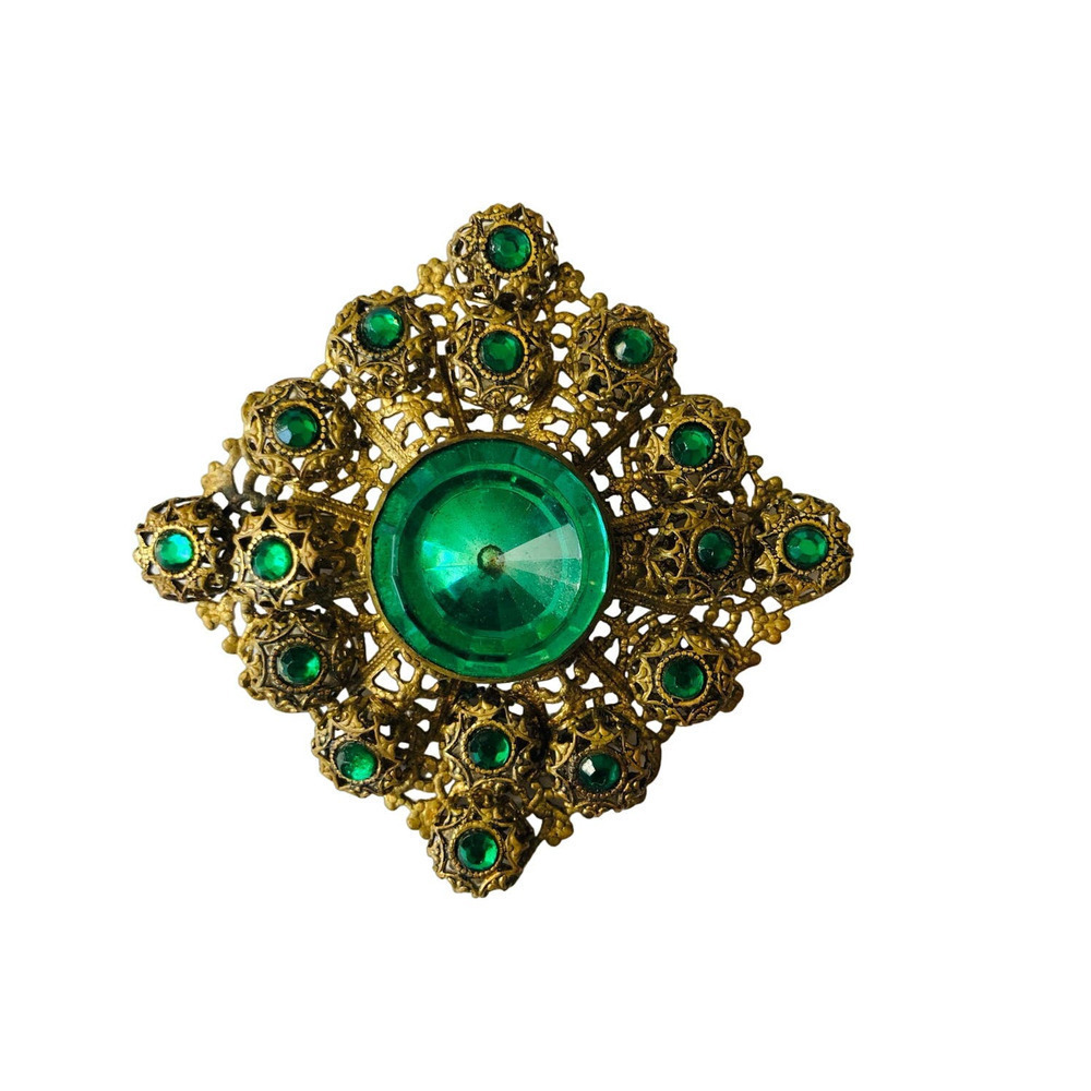1950's Vintage Brass Filigree and green Glass Brooch